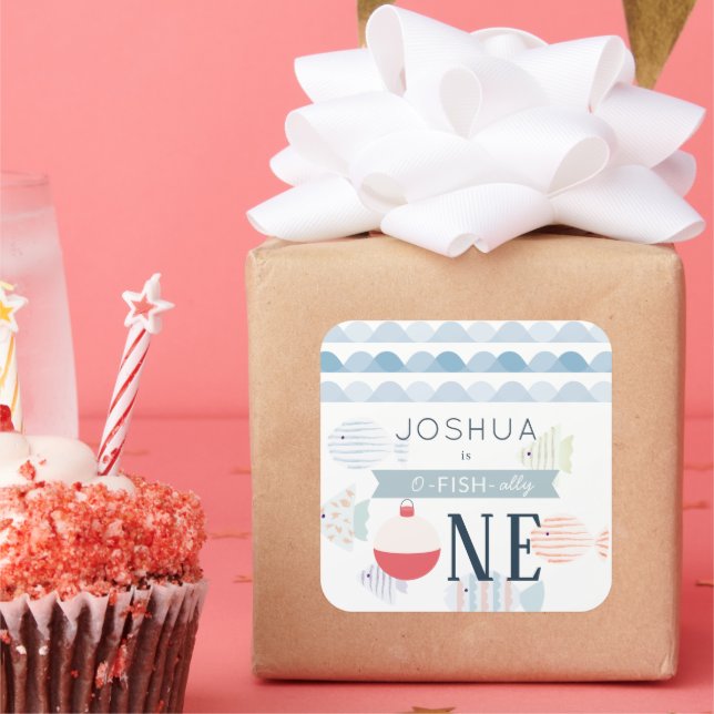 Sticker Carré O-fish-ally One Fishing Boy Blanc 1er anniversaire (Fête)