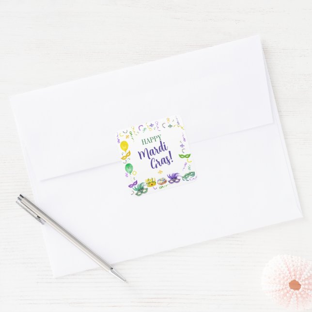 Sticker Carré Objets Mardi Gras aquarelle Fête (Enveloppe)