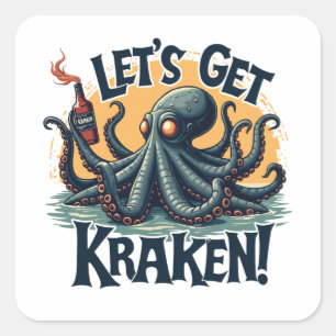 Sticker Carré Obtenons Kraken Funny Rum Boire du poulpe