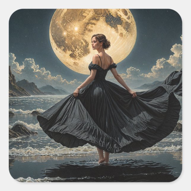 Sticker Carré Ocean Dance Under the Moon Woman in Black Dress (Devant)