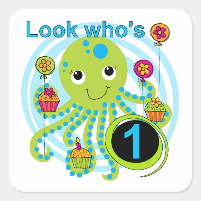 Sticker Carré Octopus 1er Anniversaire T-shirts et cadeaux (Devant)