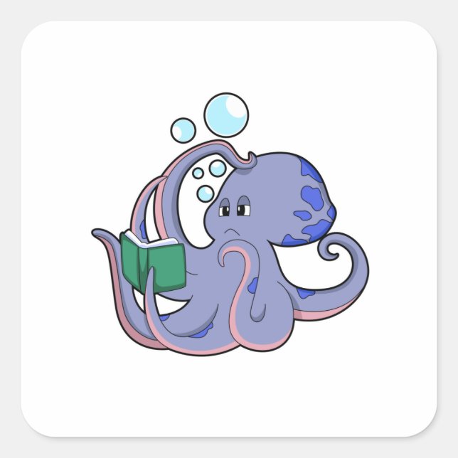 Sticker Carré Octopus à la lecture avec livre (Devant)