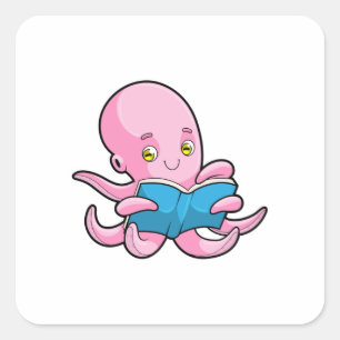 Sticker Carré Octopus à la lecture d'un livre