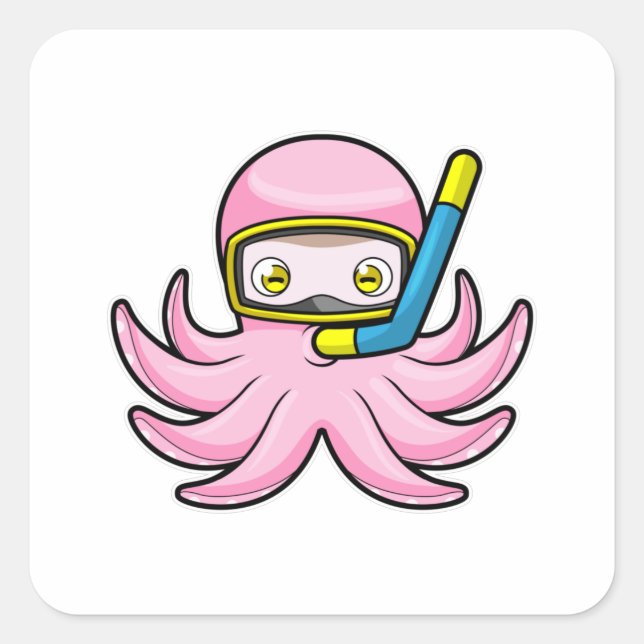 Sticker Carré Octopus à la plongée avec tuba et lunettes de nata (Devant)
