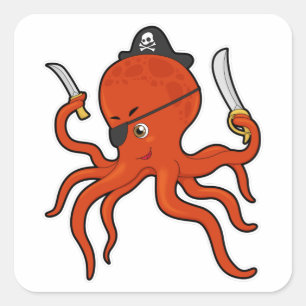 Sticker Carré Octopus comme Pirate avec épée et couteau