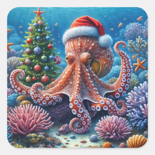 Sticker Carré Octopus de Noël portant un chapeau de Père Noël (Devant)