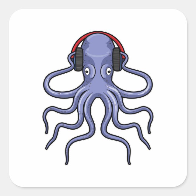 Sticker Carré Octopus en musique avec casque (Devant)