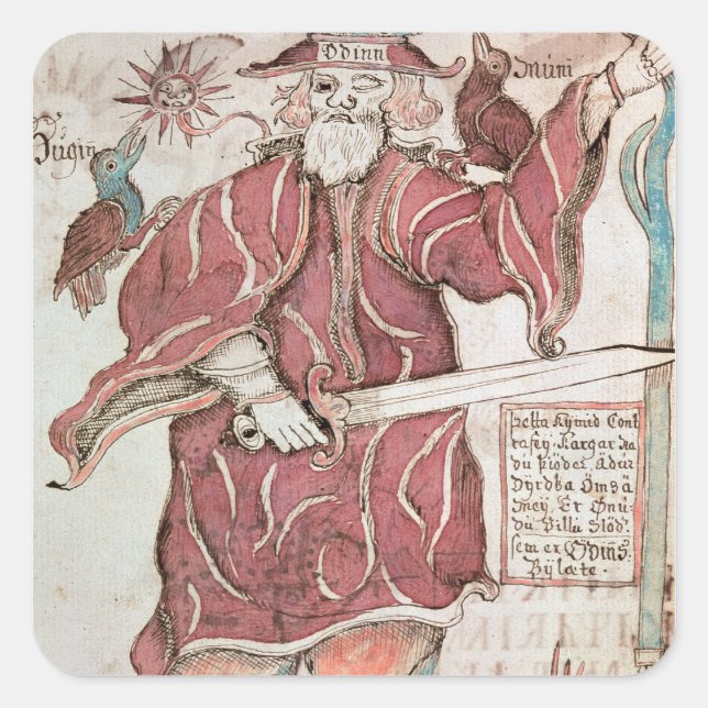 Sticker Carré Odin, avec ses deux corbeaux, Hugin et Munin (Devant)