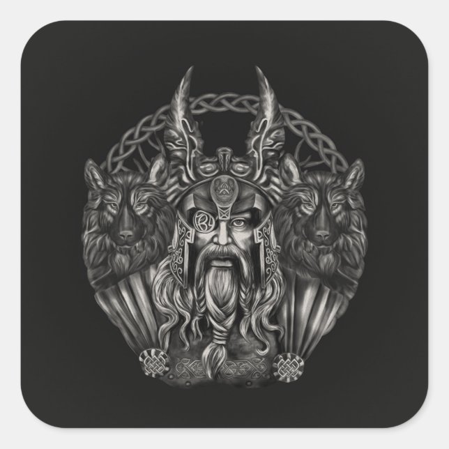 Sticker Carré Odin et ses loups Geri et Freki (Devant)