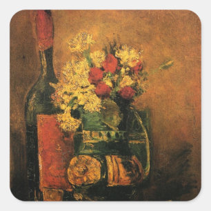 Sticker Carré Œillets, Roses et une Bouteille par Vincent van Go