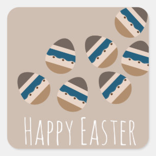 Sticker Carré Œufs de Pâques Chocolat Heureux Tons Terre Bleu Ma