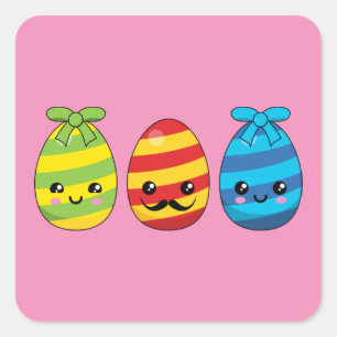 Sticker Carré Oeufs de Pâques de Kawaii avec des rubans