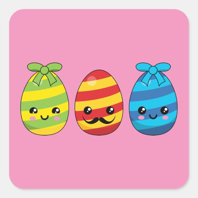 Sticker Carré Oeufs de Pâques de Kawaii avec des rubans (Devant)