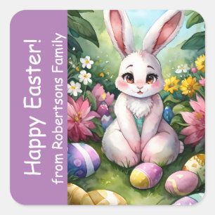 Sticker Carré Oeufs de Pâques de Lapin Floral Coloré De Lavande