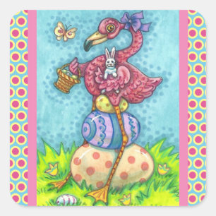 STICKER CARRÉ OEUFS DE PÂQUES ET FLAMANT ROSE ROSE BÉBÉ AVEC BUN