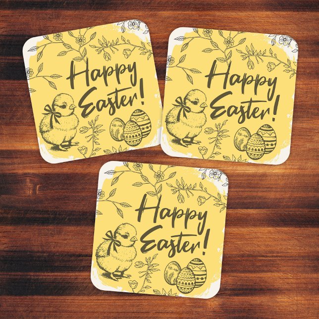 Sticker Carré Œufs de Pâques & Poussin Jaune Heureux (Happy Easter Eggs & Chick Yellow Square Sticker
)