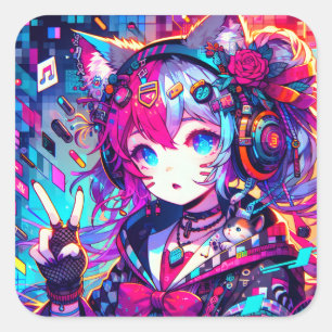 Sticker Carré Oeuvre colorée Glitchcore Anime