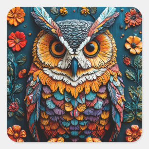 Sticker Carré Œuvre d'art colorée de hibou avec détails complexe