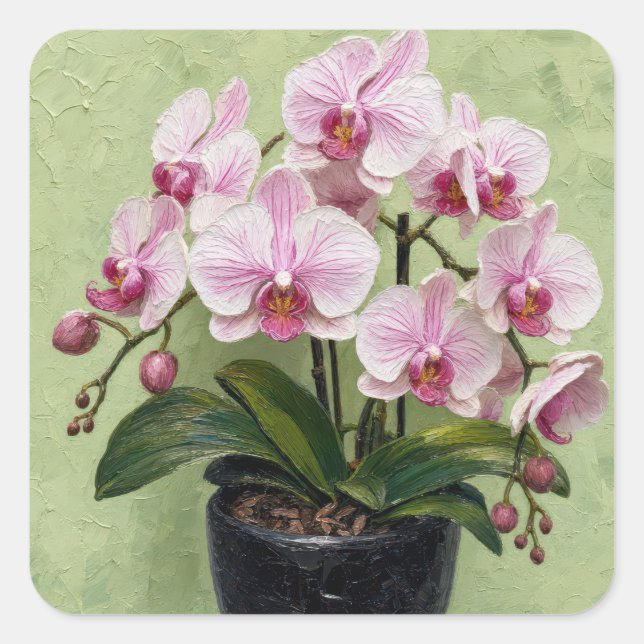 Sticker Carré Œuvre d'art en impasto d'orchidée rose (Devant)
