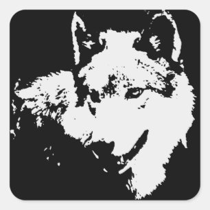 Sticker Carré Oeuvre de Loup noir et blanc