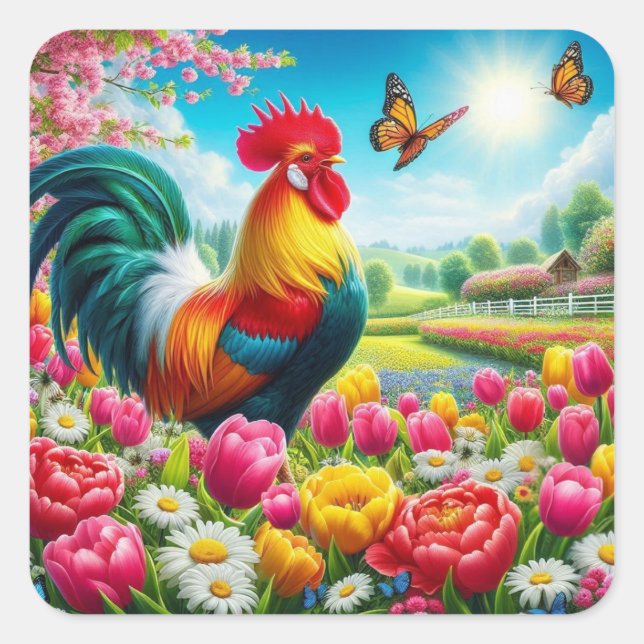 Sticker Carré OEuvre florale/de printemps/de poulet (Devant)