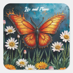Sticker Carré OEuvre surréaliste de papillon de feu, chamomille