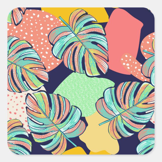 Sticker Carré Oeuvre tropicale : Monstera multicolore (Devant)