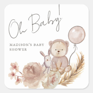 Sticker Carré Oh Baby Boho Botanical avec Baby shower d'ours dou