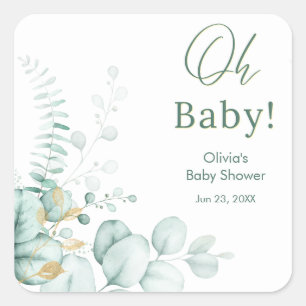 Sticker Carré Oh Baby Eucalyptus Végétal Doré Baby Shower