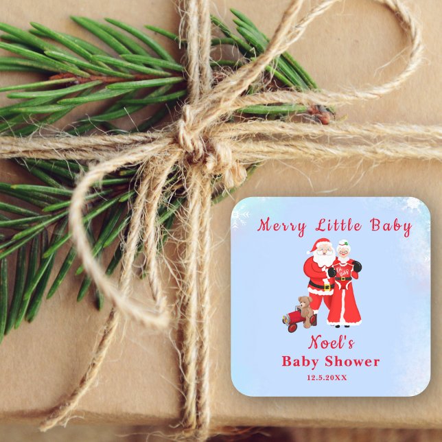 Sticker Carré Oh Baby Père Noël & Mme Claus Baby shower (Add holiday magic with Santa & Mrs. Claus stickers for unforgettable Baby Shower delight.)