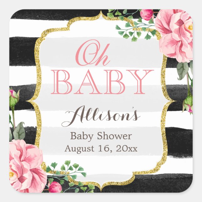 Sticker Carré Oh Baby shower Romantique rose Floral Stripes Or (Devant)