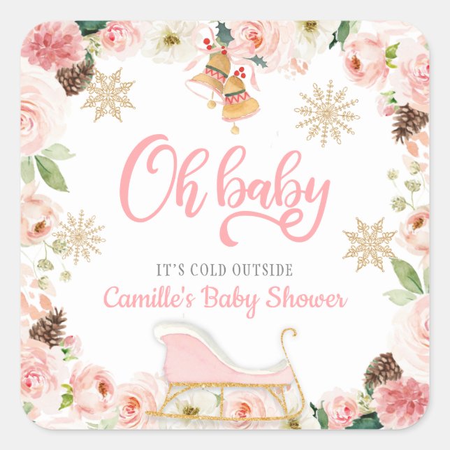 Sticker Carré Oh Baby Winter Rose fille Baby shower Favoriser (Devant)