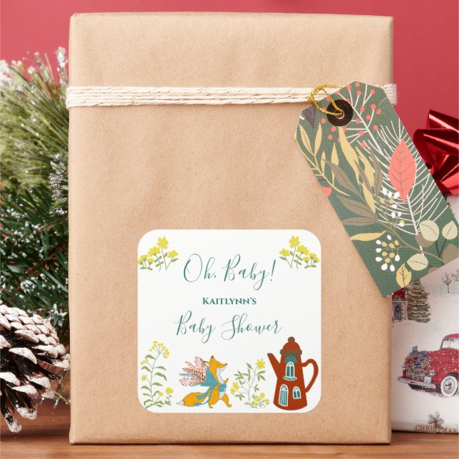 Sticker Carré Oh, bébé Fox et fleurs Baby shower cadeau (vacances)