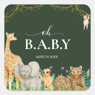 Sticker Carré Oh bébé Safar Animal Jungle Baby shower de verdure