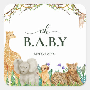 Sticker Carré Oh bébé Safar Animal Jungle Baby shower de verdure