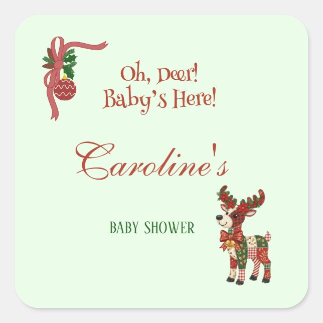 Sticker Carré Oh, Deer! Baby’s Here! – Christmas Baby Shower (Devant)