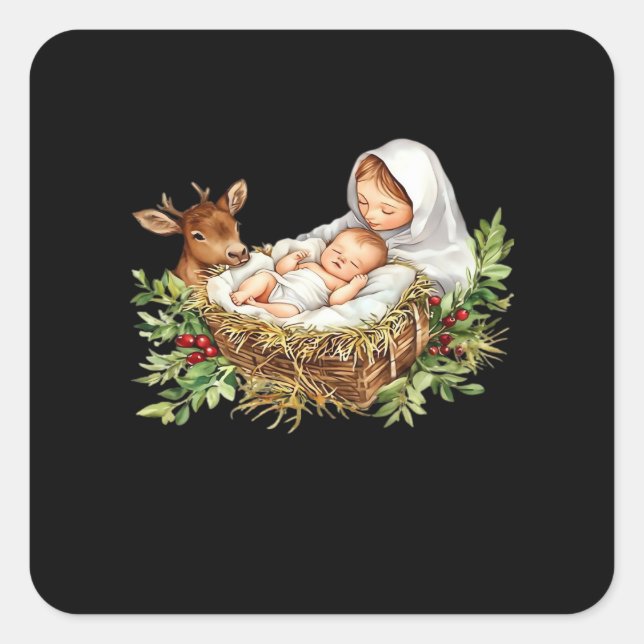 Sticker Carré Oh Deer Mary Nativity Scene Christmas Jesus   (Devant)