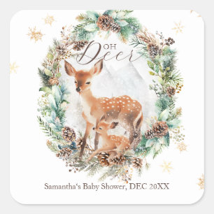 Sticker Carré Oh Deer Winter Woodland Baby shower de neige