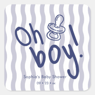 Sticker Carré Oh Garçon Bleu Rayures Ondulées Baby Shower