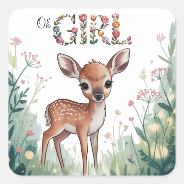 Sticker Carré Oh Girl : Petit Cerf Baby shower Fille Fille (Devant)
