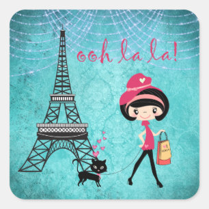 Sticker Carré Oh la la Paris Girl and Cat with Eiffel Tower