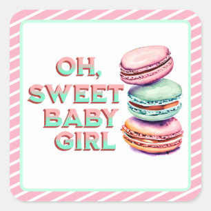 Sticker Carré Oh Sweet Baby Girl Macaron Baby shower à thème