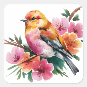 Sticker Carré Oiseau à fleur rose