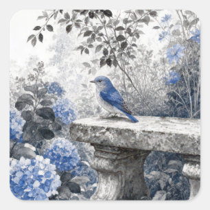 Sticker Carré Oiseau Bleu au Lavis d'Encre sur un Banc de Jardin