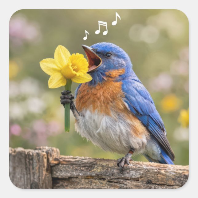 Sticker Carré Oiseau bleu chantant dans un narcisse jaune (Devant)
