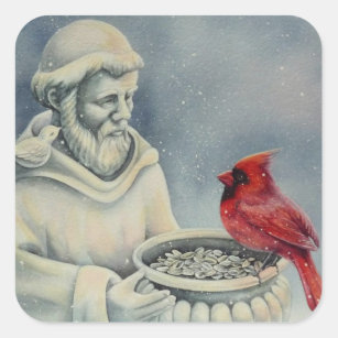 Sticker Carré Oiseau cardinal rouge d'hiver Saint-François Aquar