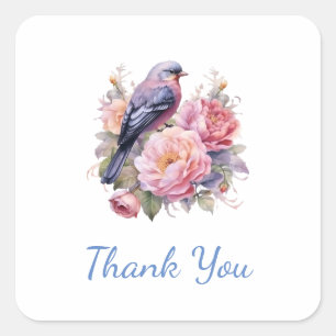 Sticker Carré Oiseau chanteur debout sur des pivoines roses Merc