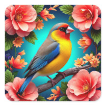 Oiseau chanteur perché parmi des fleurs éclatantes