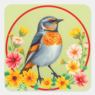 Sticker Carré Oiseau Coloré Parmi des Fleurs Épanouies
