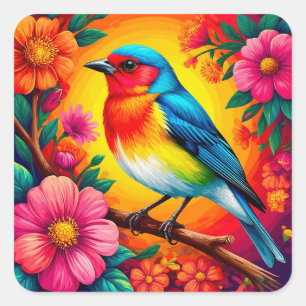 Sticker Carré Oiseau Coloré Perché Parmi des Fleurs Vibrantes